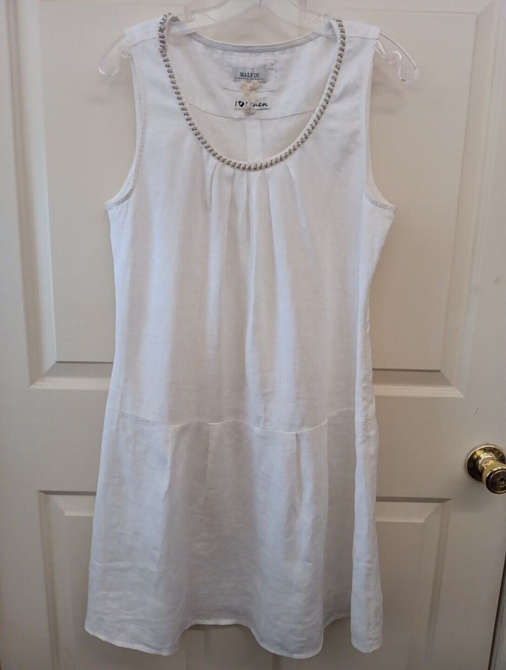 Women's Malvin 100% Linen Shift Dress Beaded Neckline Medium White